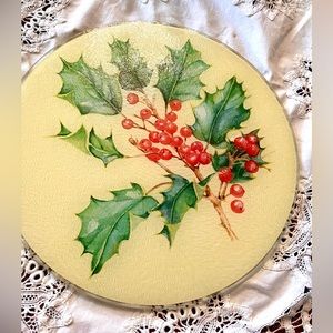 Vintage Tuftop Holly Berry Trivet Tempered Glass England 12” Round Christmas